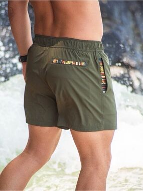 EUC Olive Green Wowie Nomad 5” Men's Swim Shorts with Colorful Tribal Trim